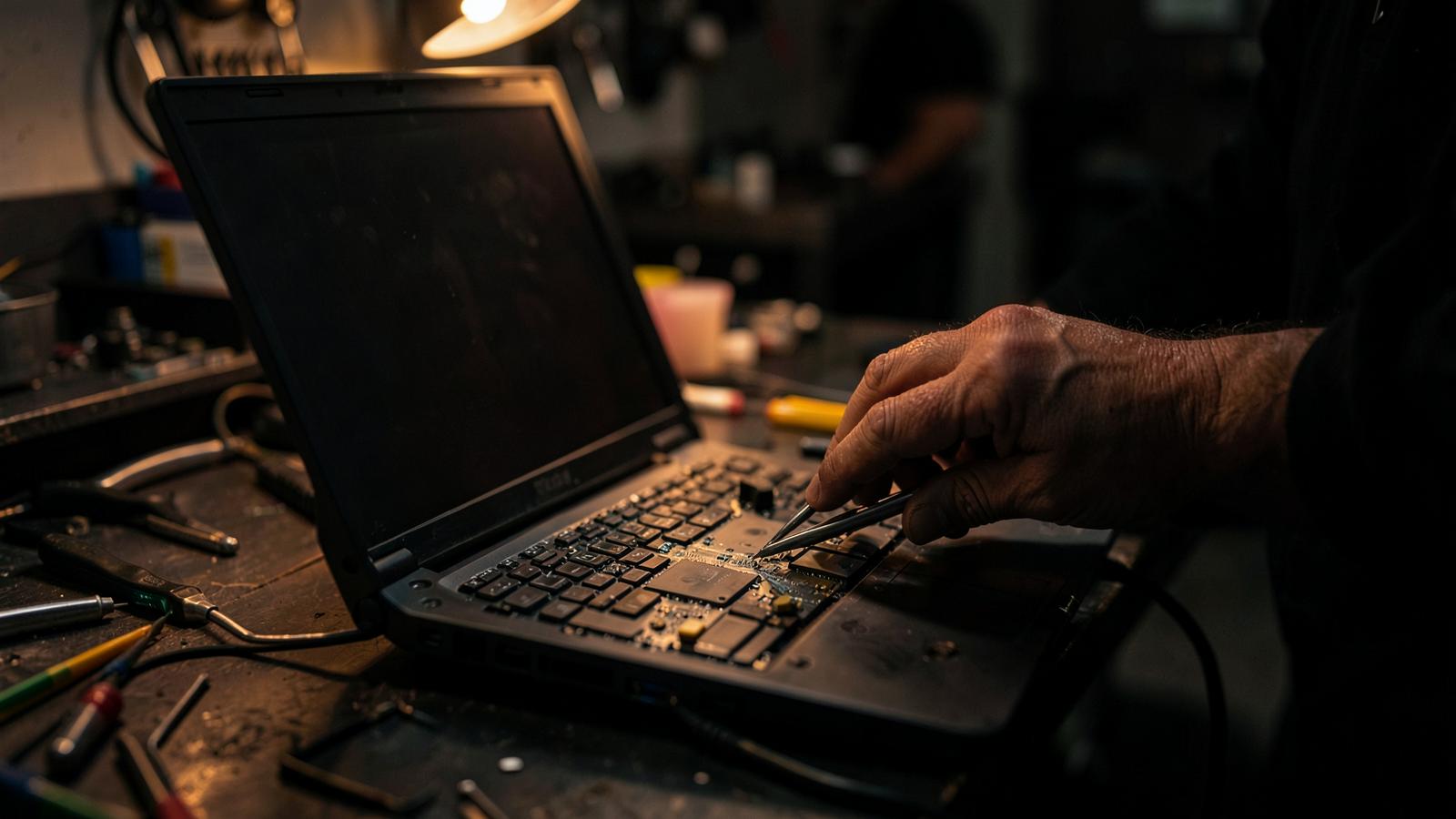Técnico reparando una laptop en el taller